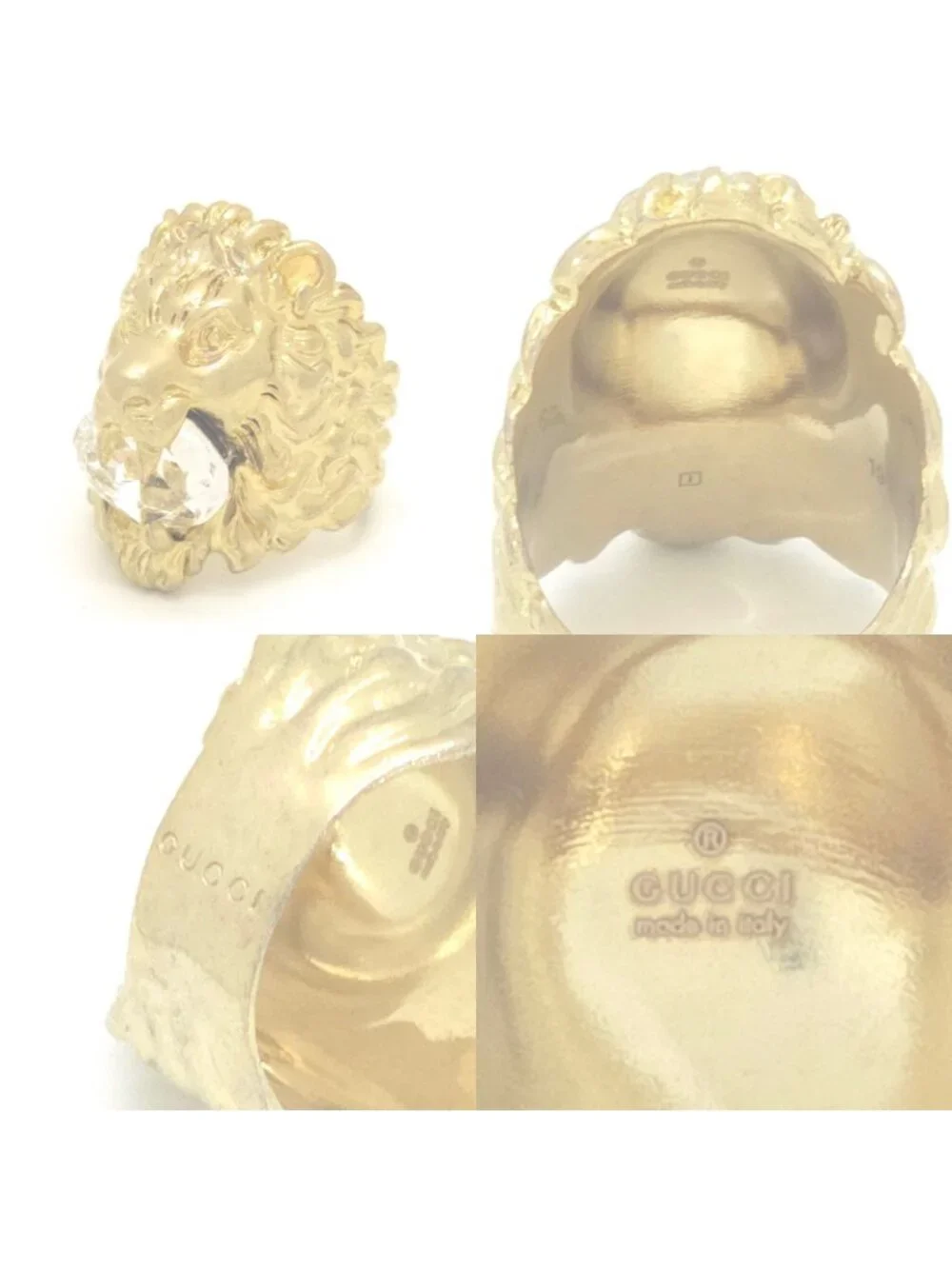 Gucci Crystal Lion Head Ring Gold Polished Metal